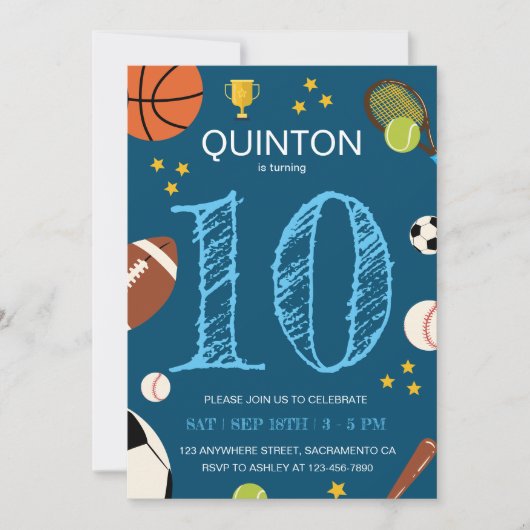 ボーイズおもしろいスポーツをテーマにした子供の誕生日パーティー 招待状 (正面)