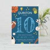 ボーイズおもしろいスポーツをテーマにした子供の誕生日パーティー 招待状 (スタンド正面)