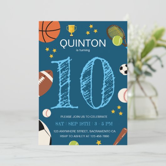 ボーイズおもしろいスポーツをテーマにした子供の誕生日パーティー 招待状 (スタンド正面)