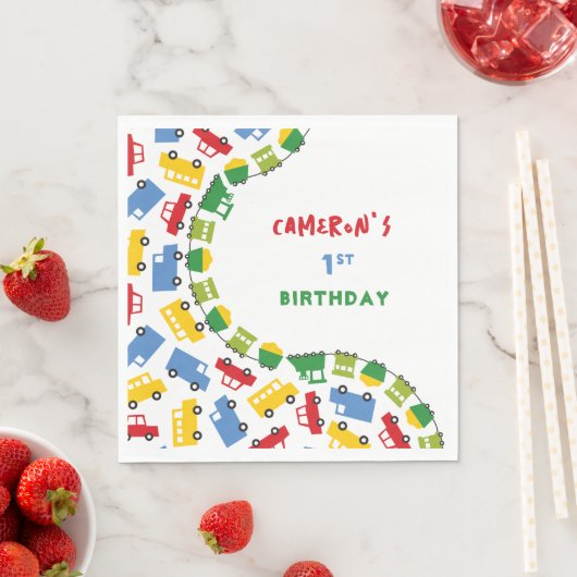 ボーイズおもちゃのおもしろいカラフル輸送誕生日パーティー スタンダードランチョンナプキン (インサイチュ)