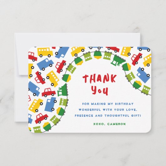 ボーイズおもちゃのおもしろい輸送車の列車トラックバス写真 サンキューカード (正面)