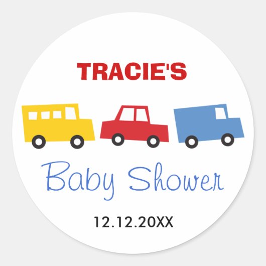 ボーイズおもちゃのカラフルおもしろいレトロ輸送赤ちゃんシャワー ラウンドシール (正面)