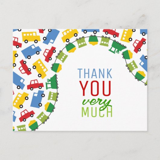 ボーイズおもちゃの輸送車の電車のバスのトラックありがとう ポストカード (正面)
