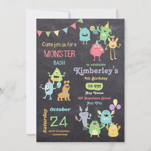 ボーイズかわいいおもしろいモンスター子供の誕生日パーティー 招待状 (正面)