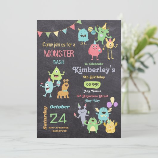 ボーイズかわいいおもしろいモンスター子供の誕生日パーティー 招待状 (スタンド正面)