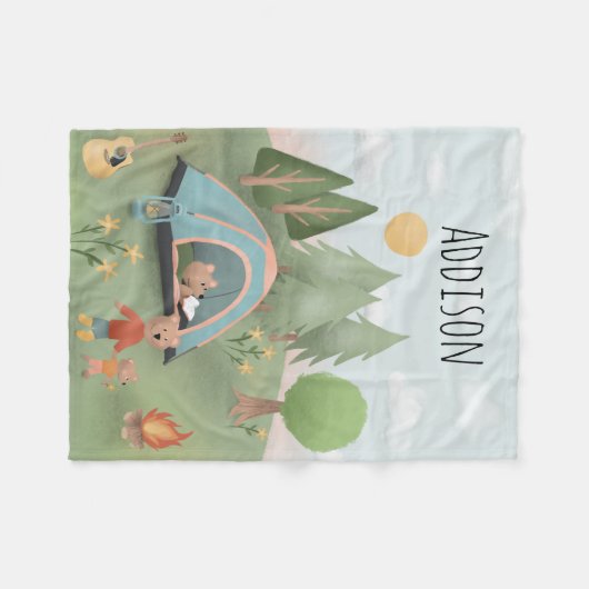 ボーイズかわいいキャンプファイヤーブルーフォレストベアキッズキャンプ フリースブランケット (正面(横))