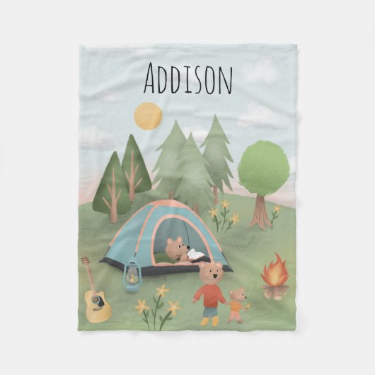 ボーイズかわいいキャンプファイヤーブルーフォレストベアキッズキャンプ フリースブランケット (正面)