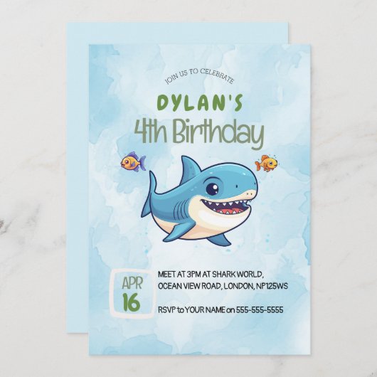 ボーイズかわいいザシーシャーク海誕生日 招待状 (正面/裏面)