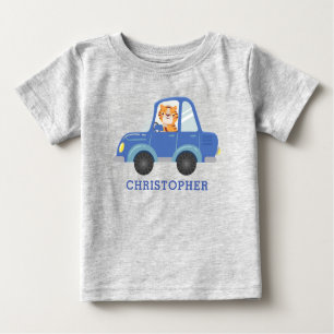 ボーイズかわいいタイガー青い車の名パーソナライズされた前 ベビーTシャツ