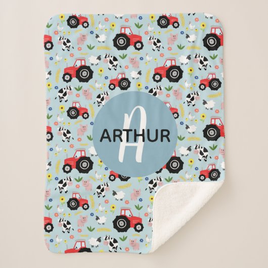 ボーイズかわいいファーム動物トラクターパターン&名前キッズ シェルパブランケット (正面)