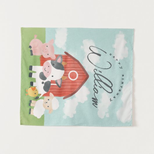 ボーイズかわいいファーム動物誕生日背景 タペストリー (正面(横))