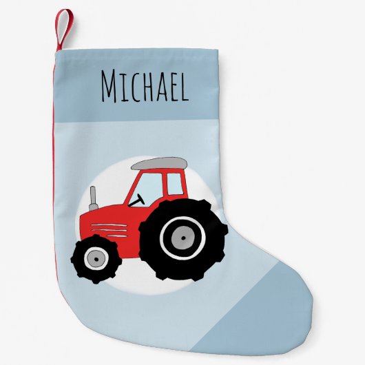 ボーイズかわいいブルーおもしろいファームトラクターマンガと名前 スモールクリスマスストッキング (正面)