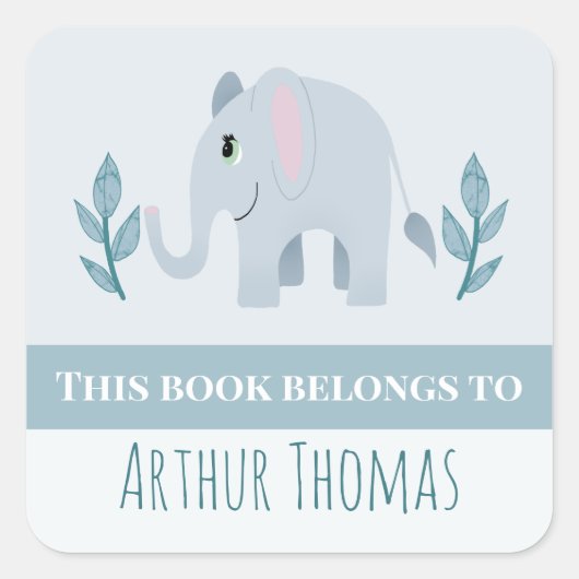 ボーイズかわいいブルーサファリエレファントキッズ蔵書票 スクエアシール (正面)