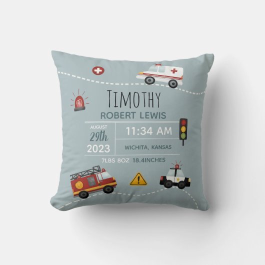 ボーイズかわいいブルートランスポート誕生の統計と名前 クッション (正面)