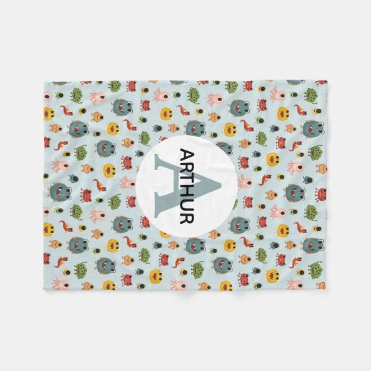 ボーイズかわいいブルーモンスターエイリアンモノグラムキッズ フリースブランケット (正面(横))