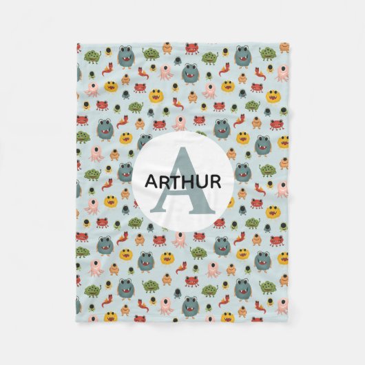 ボーイズかわいいブルーモンスターエイリアンモノグラムキッズ フリースブランケット (正面)