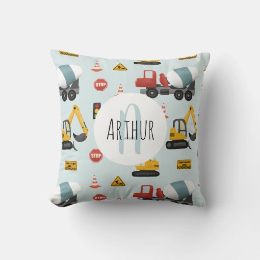 ボーイズかわいいブルー建築トランスポート&ネームキッズ クッション (正面)