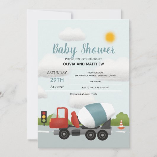 ボーイズかわいいブルー建築輸送赤ちゃんシャワー 招待状 (正面)