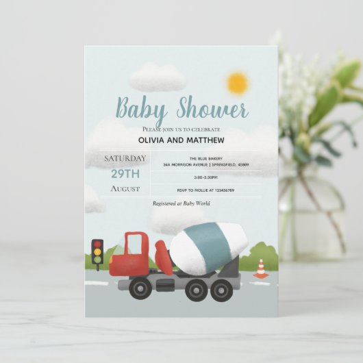 ボーイズかわいいブルー建築輸送赤ちゃんシャワー 招待状 (スタンド正面)