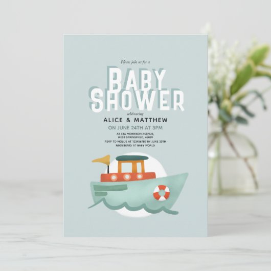 ボーイズかわいいブルー海ボート赤ちゃんシャワー 招待状 (スタンド正面)