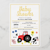 ボーイズかわいいモダンカントリーファームトラクター赤ちゃんシャワー 箔招待状 (正面)