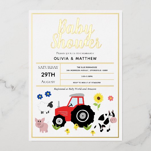 ボーイズかわいいモダンカントリーファームトラクター赤ちゃんシャワー 箔招待状 (正面)