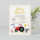ボーイズかわいいモダンカントリーファームトラクター赤ちゃんシャワー 箔招待状 (立ち正面)