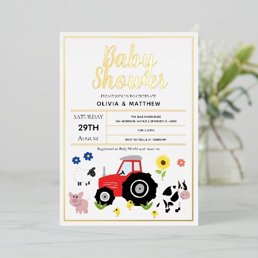 ボーイズかわいいモダンカントリーファームトラクター赤ちゃんシャワー 箔招待状 (立ち正面)