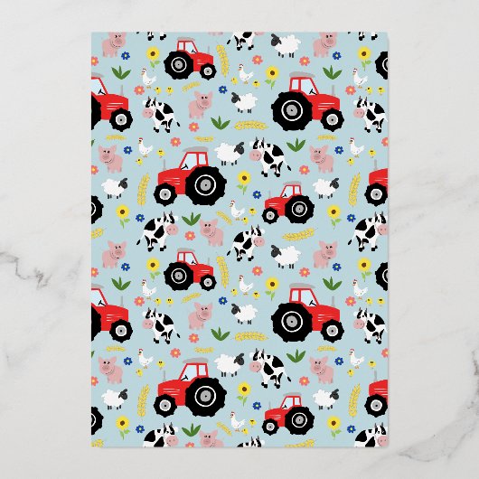 ボーイズかわいいモダンカントリーファームトラクター赤ちゃんシャワー 箔招待状 (裏面)