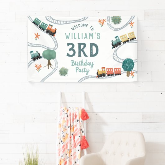 ボーイズかわいい列車子供の誕生日ウェルカムサイン 横断幕 (インサイチュ)