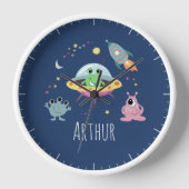 ボーイズかわいい宇宙エイリアン漫画キッズルーム&子供部屋 壁時計 (正面)