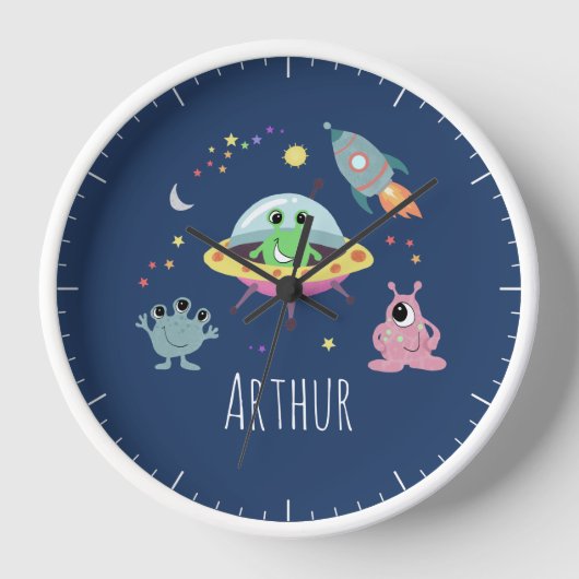 ボーイズかわいい宇宙エイリアン漫画キッズルーム&子供部屋 壁時計 (正面)