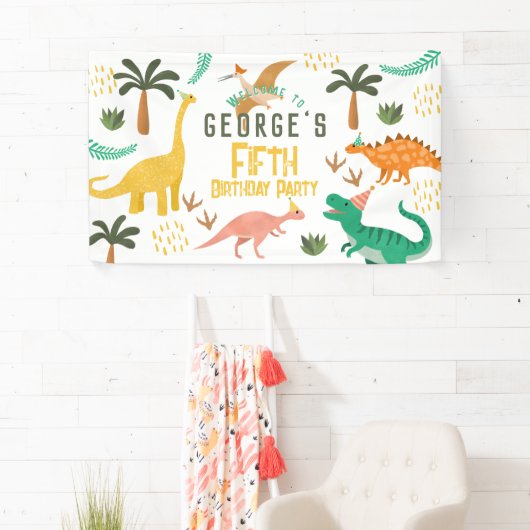 ボーイズかわいい恐竜Tレックス子供の誕生日へようこそ 横断幕 (インサイチュ)