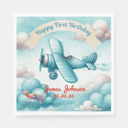 ボーイズかわいい旅行飛行機子供の誕生日カスタム スタンダードランチョンナプキン (正面)