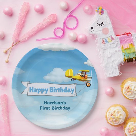 ボーイズかわいい旅行飛行機子供の誕生日カスタム ペーパープレート (パーティー)