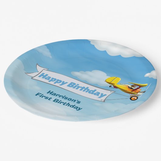 ボーイズかわいい旅行飛行機子供の誕生日カスタム ペーパープレート (アングル)