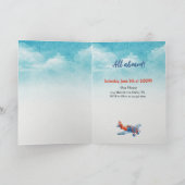 ボーイズかわいい旅行飛行機子供の誕生日カスタム 招待状 (内部)