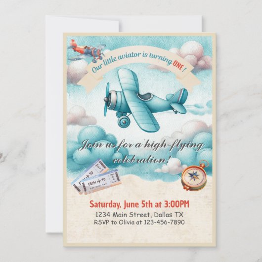 ボーイズかわいい旅行飛行機子供の誕生日カスタム 招待状 (正面)