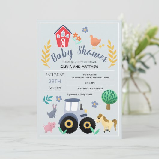 ボーイズかわいい素朴カントリーファームトラクター赤ちゃんシャワー 招待状 (スタンド正面)