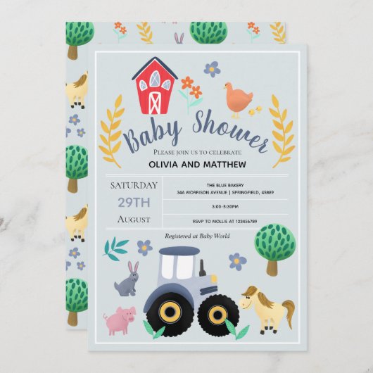 ボーイズかわいい素朴カントリーファームトラクター赤ちゃんシャワー 招待状 (正面/裏面)