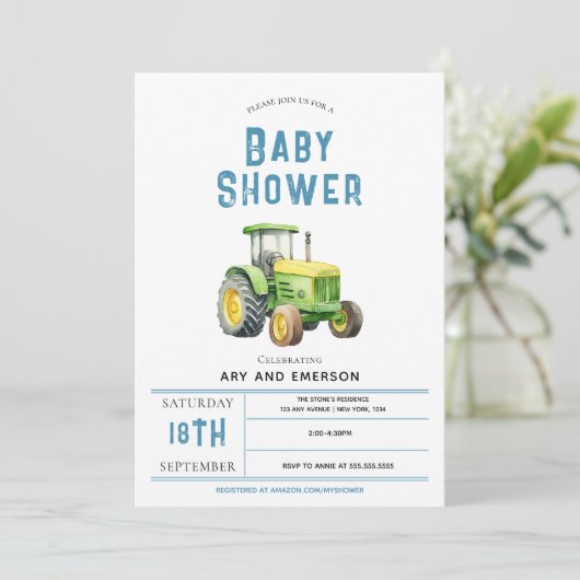 ボーイズかわいい素朴ファームトラクター赤ちゃんシャワー 招待状 (スタンド正面)