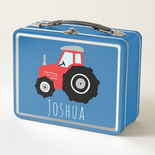 ボーイズかわいい赤いファームトラクターキッズ メタルランチボックス (正面)