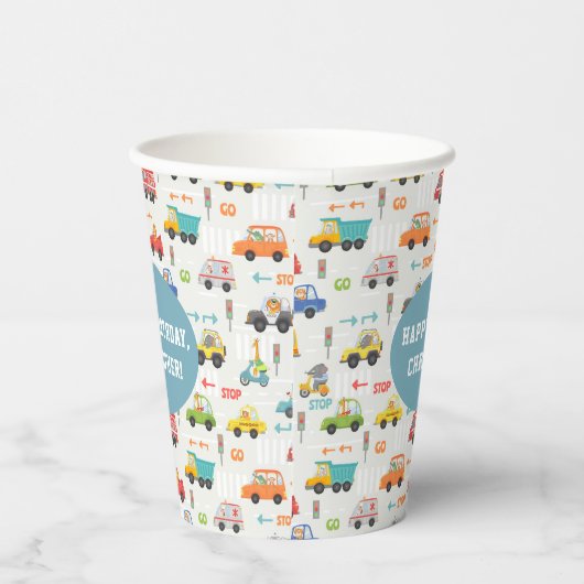 ボーイズかわいい輸送車のパターン子供の誕生日 紙コップ (右)
