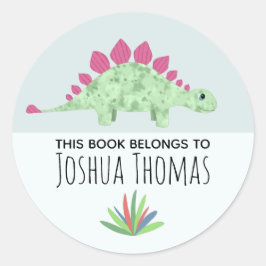 ボーイズかわいい青い恐竜の漫画の子供たち蔵書票 ラウンドシール