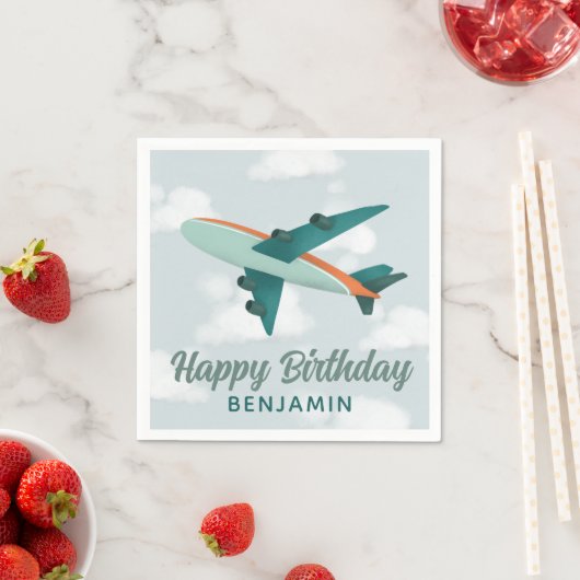 ボーイズかわいい青い旅行飛行機子供の誕生日 スタンダードカクテルナプキン (インサイチュ)