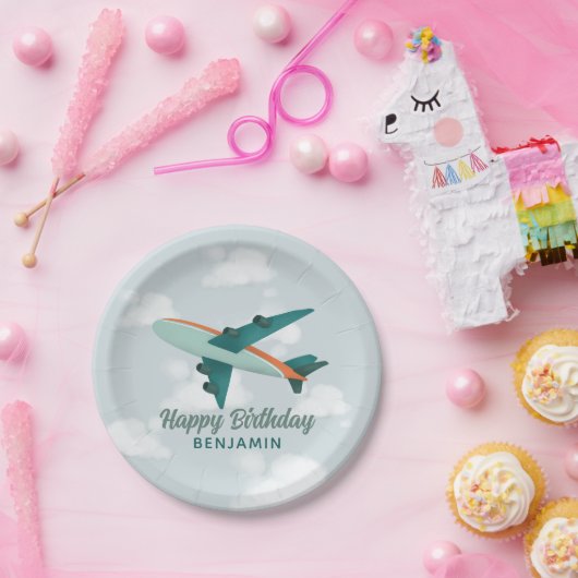 ボーイズかわいい青い旅行飛行機子供の誕生日 ペーパープレート (パーティー)