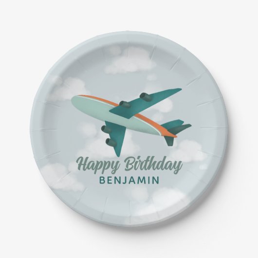 ボーイズかわいい青い旅行飛行機子供の誕生日 ペーパープレート (正面)