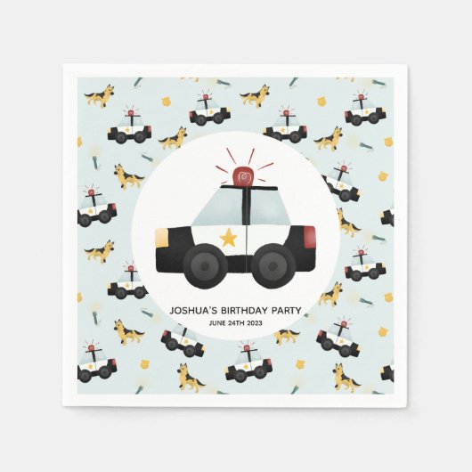 ボーイズかわいい青い警察の車の幼児ハッピーバースデー スタンダードカクテルナプキン (正面)