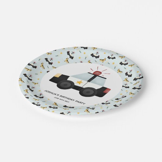 ボーイズかわいい青い警察の車の幼児ハッピーバースデー ペーパープレート (アングル)