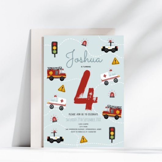 ボーイズかわいい青い警察緊急旅行誕生日 招待状